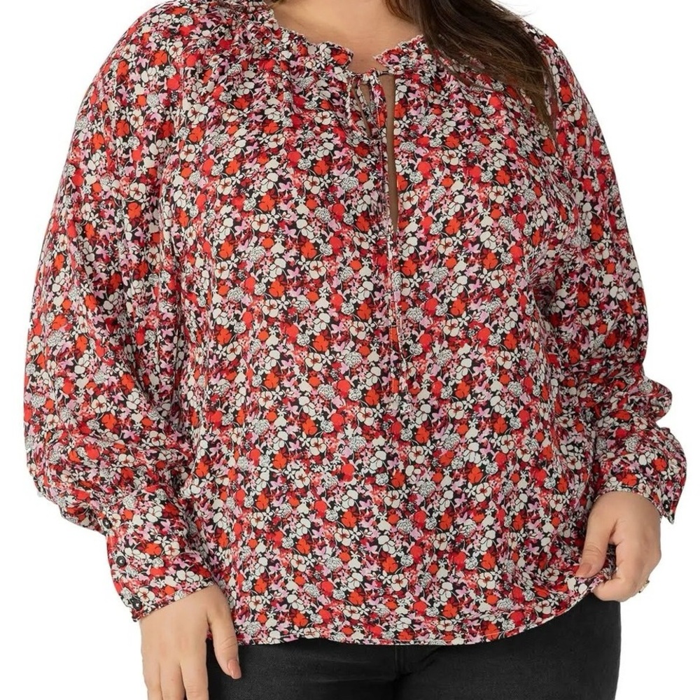 Sanctuary Red and White Graphic Blouse with Mandarin Collar